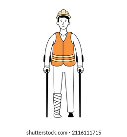 Worker with injury bandage leg. Fall accident on work. Doodle line style character. Vector illustration.
