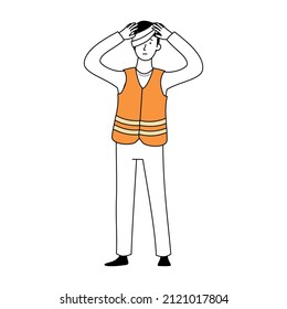 Worker With Injury Head. Fall Accident On Work. Doodle Line Style Character. Vector Illustration.