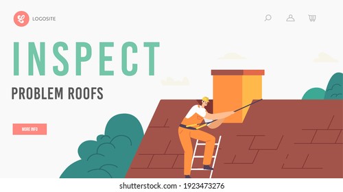 Worker Inspect Roof Problems Landing Page Template. Character on with Climbing Equipment Conduct Roofing Works, Repair Home, Tile House Rooftop, Roofer Man with Work Tools. Cartoon Vector Illustration