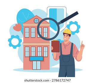 A worker inspecting a building with a magnifying glass in a clean cartoon style on a light background, symbolizing analysis and safety control. Vector illustration