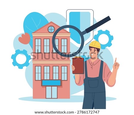 A worker inspecting a building with a magnifying glass in a clean cartoon style on a light background, symbolizing analysis and safety control. Vector illustration
