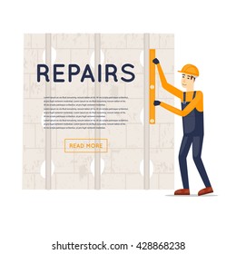 Worker installing beacons for plaster. Repair, construction, painting. Character. Flat style vector illustration.