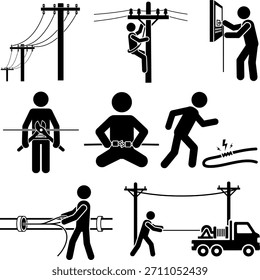 Trabajador que instala el cable, que repara las líneas eléctricas, y el icono de las telecomunicaciones