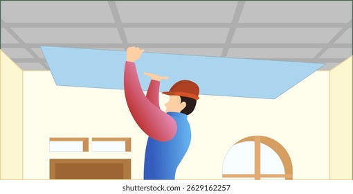 Trabalhador instalando painel de teto ou placa de gesso no interior moderno, conceito de melhoria casa vetor ilustração