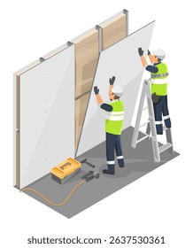 Worker installing drywall in residential building using thermal insulation panels for energy efficient interior wall construction and climate control improvement