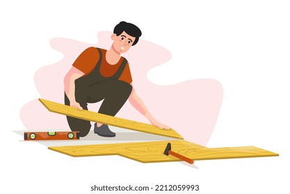 Worker installing floor, parquet, laminate.  Flooring renovation, repair works. Master professional service. Advertisement, banner. Flat vector illustration