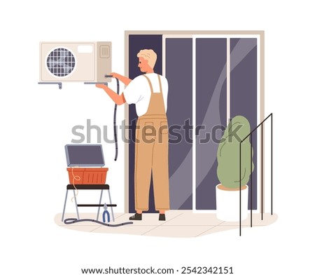 Worker installing outdoor air conditioning unit. Professional HVAC technician, AC appliance installation on exterior wall. Fixing climate system. Flat vector illustration isolated on white background