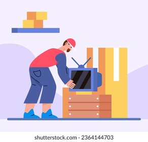 Trabajador instalando TV en el apartamento. Ayudar al cliente a mudarse a un nuevo lugar. Trabajar como cargador. Conmovedor concepto. Ilustración vectorial plana en colores azules en estilo de dibujos animados