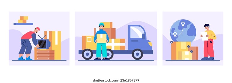 Worker installing TV at apartment. Man in uniform and helmet standing near car, holding parcel and helping to move. Courier holding document and looking at destination for parcels. Vector illustration