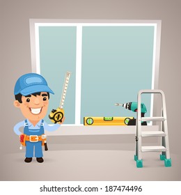 Worker Is Installing the Window. In the EPS file, each element is grouped separately.