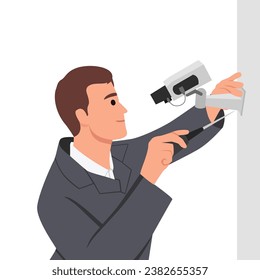 A worker installs a camera on the street CCTV Installation Wizard. Video surveillance master. CCTV camera installation service. Electrician with a screwdriver repairing a CCTV camera. Flat vector 