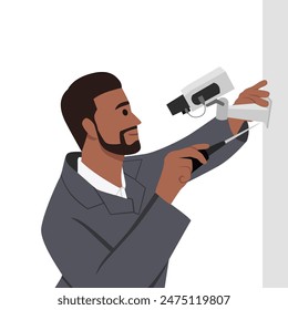 Worker installs a camera on the street CCTV Installation Wizard. Flat vector illustration isolated on white background