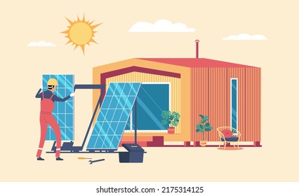 Worker installs solar panels near the house. Vector illustration.