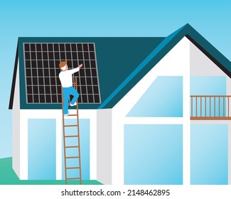 Worker installs of solar panels on the roof of the house. Flat vector stock illustration. Green lifestyle. Sustainable homes with solar energy, and eco-friendly waste management systems