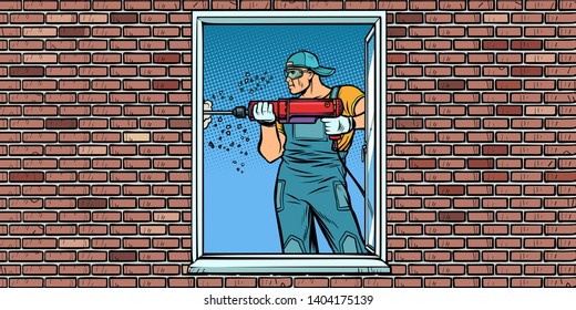 un trabajador instala una ventana, perforando una pared. Dibujo ilustrativo de dibujos animados pop art retro