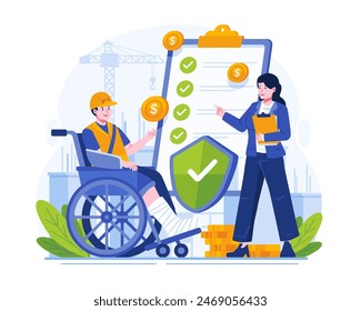 Worker Insurance Concept Illustration. An Injured Worker in a Wheelchair Gets an Insurance Coverage Explanation From a Female Insurance Agent