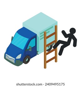 Worker insurance icon isometric vector. Man falls from wood ladder near truck. Accident, personnel insurance