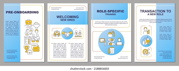Worker integration phases blue brochure template. Job joining. Leaflet design with linear icons. Editable 4 vector layouts for presentation, annual reports. Arial, Myriad Pro-Regular fonts used