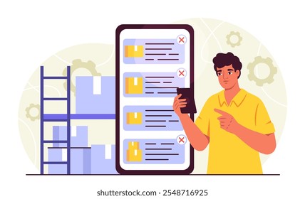 Trabalhador com gerenciamento de estoque. Homem com smartphone perto de prateleiras com pacotes e pacotes. Logística e transporte, transporte. Ilustração de vetor plano isolada no plano de fundo branco