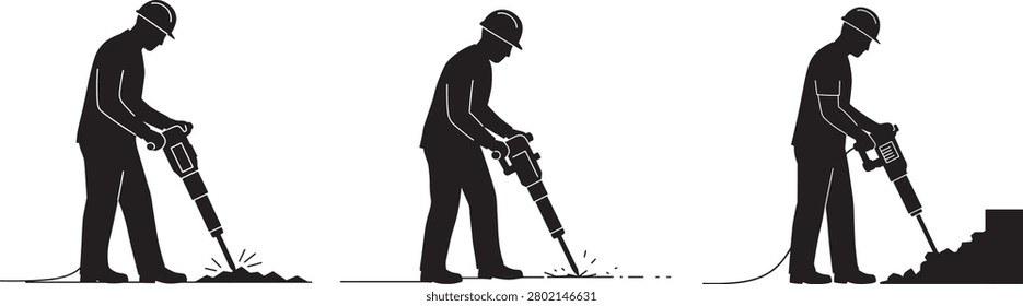 Worker with jackhammer breaking concrete, construction work, road repair.