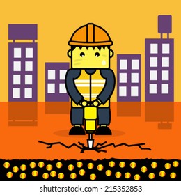 Worker with jackhammer drill in bitcoin concept.