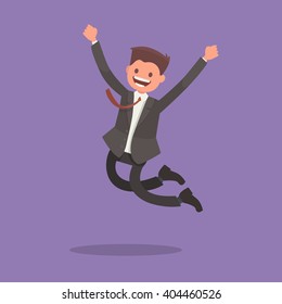 The worker jumping with joy. Emotions from victory. Joyful moment