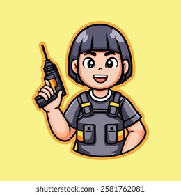 Worker Kid with Drill, Cartoon Construction Worker, Animated Child with Tools