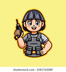 Worker Kid with Drill, Cartoon Construction Worker, Animated Child with Tools