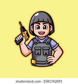 Worker Kid with Drill, Cartoon Construction Worker, Animated Child with Tools