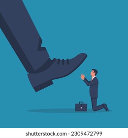 Worker kneeling in front of the big boss. Business leader. Leadership concept. Vector illustration flat design. Isolated on white background.