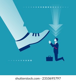 Trabajador arrodillado frente al gran jefe. Líder empresarial. Concepto de liderazgo. Diseño plano de ilustración vectorial. Aislado sobre fondo blanco.