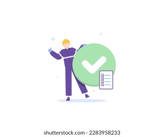 worker or laborer with tick symbol. workers who can comply with regulations and can complete work assignments. the right thing to do at work. notices and regulations. industrial workers. illustration 