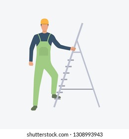 Worker with ladder flat icon. Builder, helmet, uniform, step. Labor concept. Can be used for topics like housekeeping, home repair