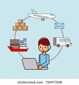 worker with laptop logistic delivery shipping boat plane truck box email