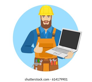 Worker with laptop notebook showing the thumb up. Portrait of worker in a flat style. Vector illustration.