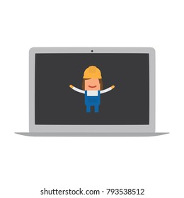 Worker in a laptop, vector illustration design. Construction characters collection.