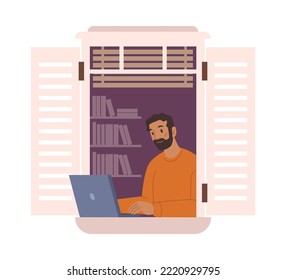 Worker with laptop working from home, freelance with personal computer on window sill. Employee or boss in apartment. Cartoon character, vector in flat style