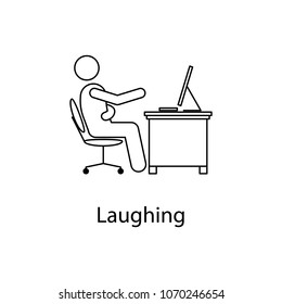 El trabajador es un icono de risa. Hombre de elemento frente a una computadora en el lugar de trabajo para concepto móvil y aplicaciones web. Icono de línea delgada para el diseño y desarrollo de aplicaciones de desarrollo de sitios web sobre fondo blanco