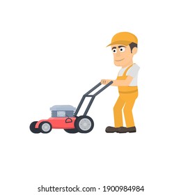 Worker with a lawn mower. Gardener, vector illustration
