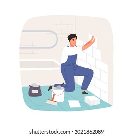 Trabajador tendiendo y acoplando baldosas de cerámica en el baño. Tiler profesional en los overoles trabajando. Baldosas de camarero. Ilustración vectorial plana del maestro de reparación aislado en fondo blanco