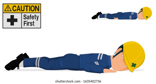 A worker is laying down on white background
