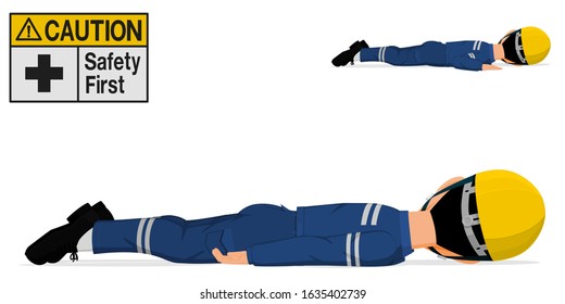 A worker is laying down on white background
