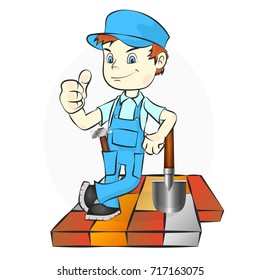 Worker laying paving slabs and cobbles illustration