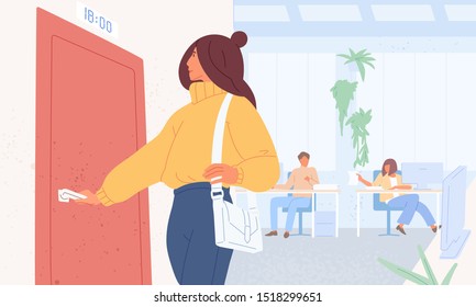 Worker leaving work on time flat vector illustration. Woman character opening door. Girl at office going to interview, appointment in time. Female employee finishing working day concept.