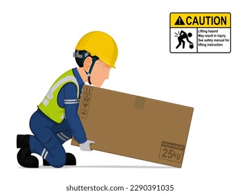 A worker is lifting a big box on the floor