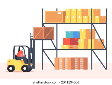 Worker Lifting Cargo on Forklift Machine in Warehouse. Freight Shipping and Logistics. Employee Characters in Uniform and Helmet Deliver Goods or Parcels to Storehouse. Cartoon Vector Illustration