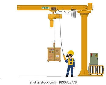A worker is lifting hazardous material by jib crane.