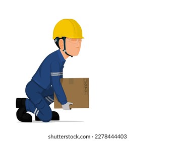 A worker is lifting a small box on the floor