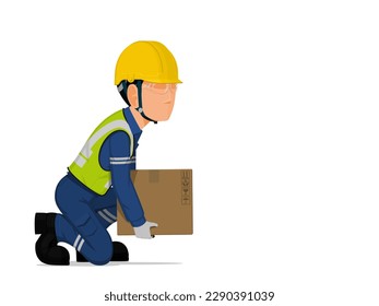 A worker is lifting a small box on the floor