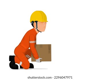 A worker is lifting a small box on the floor